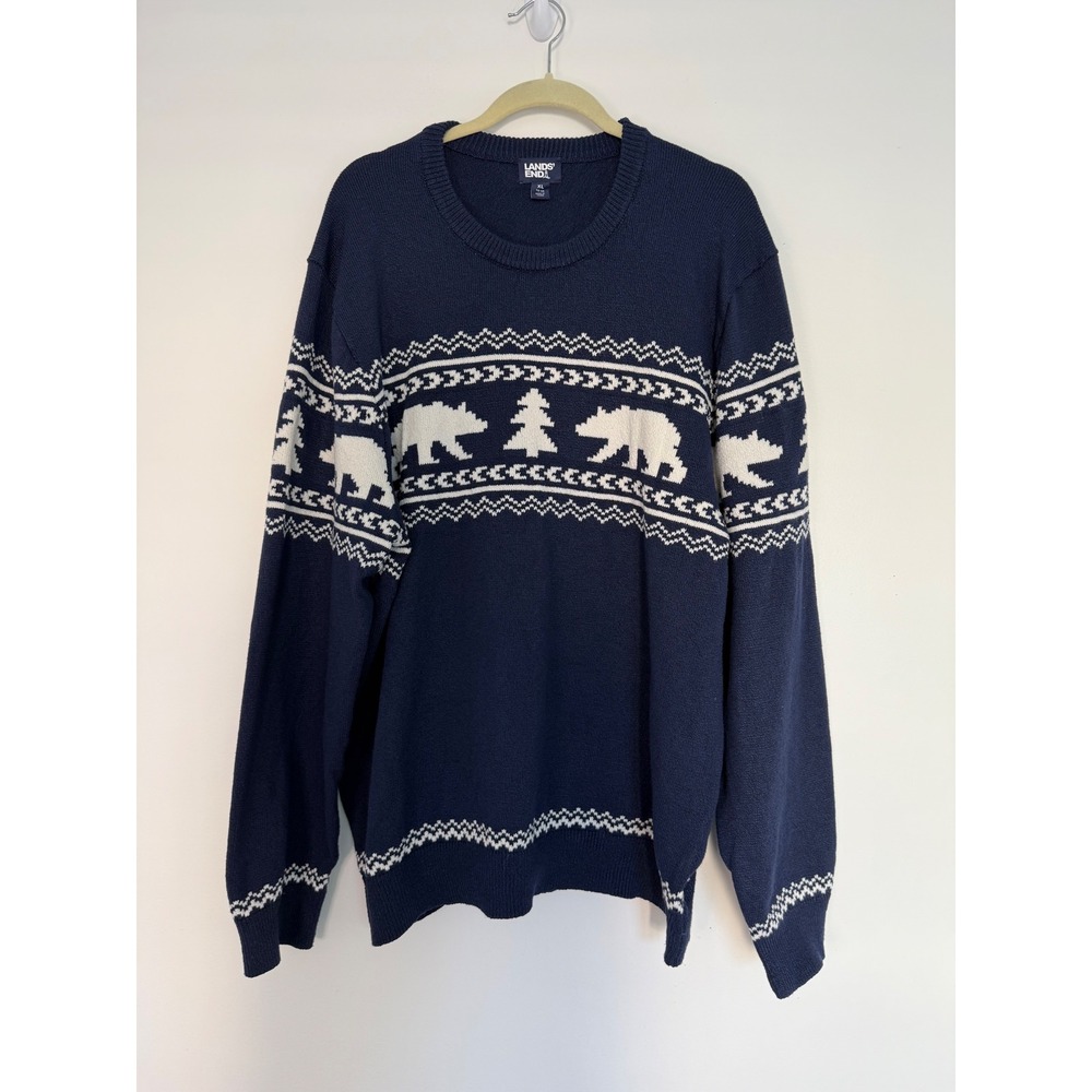 Lands End Mens Polar Bear Fair Isle Sweater Winter Knit Pullover XL Navy Blue